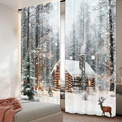 Set aus 2 Flachdruck Weihnachts-Heißvorhängen Winterhütte Digitaldruck Polyester Vorhänge Festlich Perfekter Vorhang