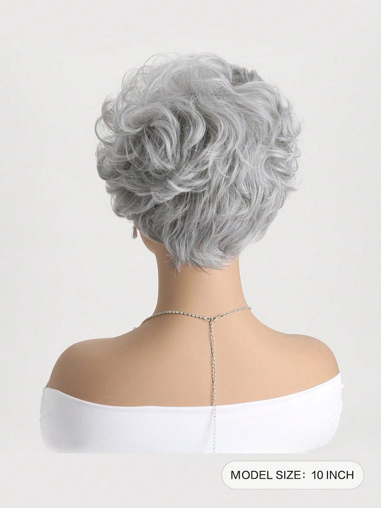Syntetisk Dam Silvergrå 10 tum Lockig Kort Peruk Mjuk Värmetålig Naturlig Peruk med Lugg