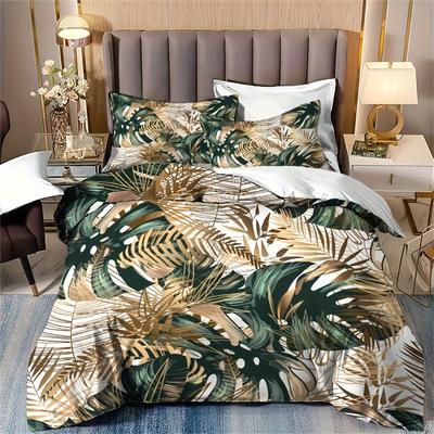 Golden Green Palm Leaf Print 2/3Pcs Duvet Cover Set -  Polyester, Machine Washable, All-Season Comfort And Soft Bedding Set