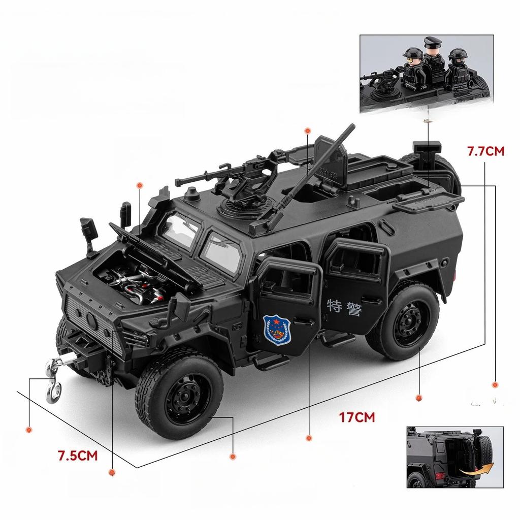 1:32 Krieger gepanzertes Polizeiauto Legierung Automodell Rückzieher Geräusch und Licht Soundeffekte Jungen Spielzeug Druckguss Legierung Automodell