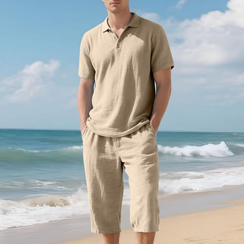 Mens Casual Two Piece Outfit Solid Color Polo Shirt And Capri Pants Set