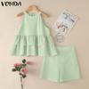 VONDA 2PCS Women Sets Sleeveless Ruffled Tanks and Elastic Waist Shorts Texture Outfits