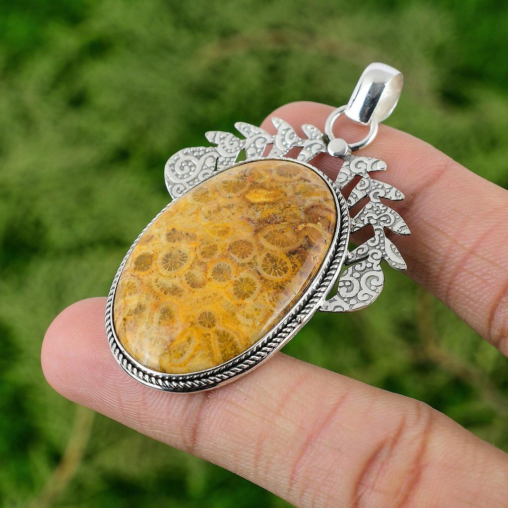 Daughters Day Sale Natural Fossil Coral Wife Pendant Jewelry 925 Sterling Silver