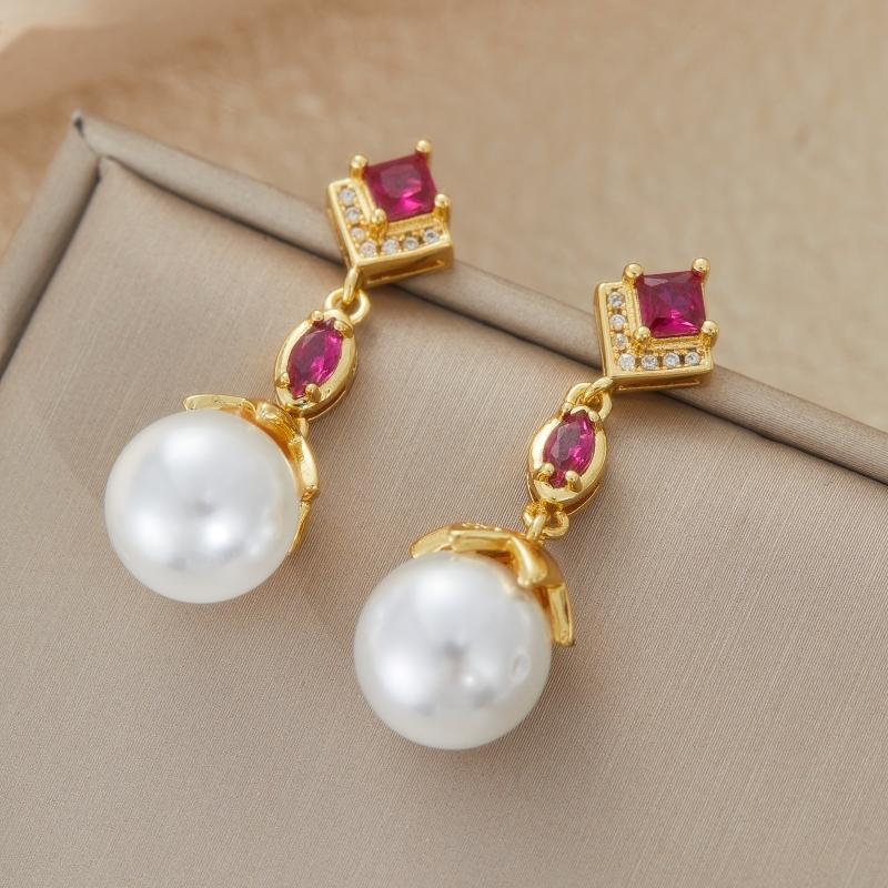 Retro Luxury Elegant Inlaid White Rose Red Zircon Earrings for Women  Personality Girls Party Accessories Holiday Jewelry