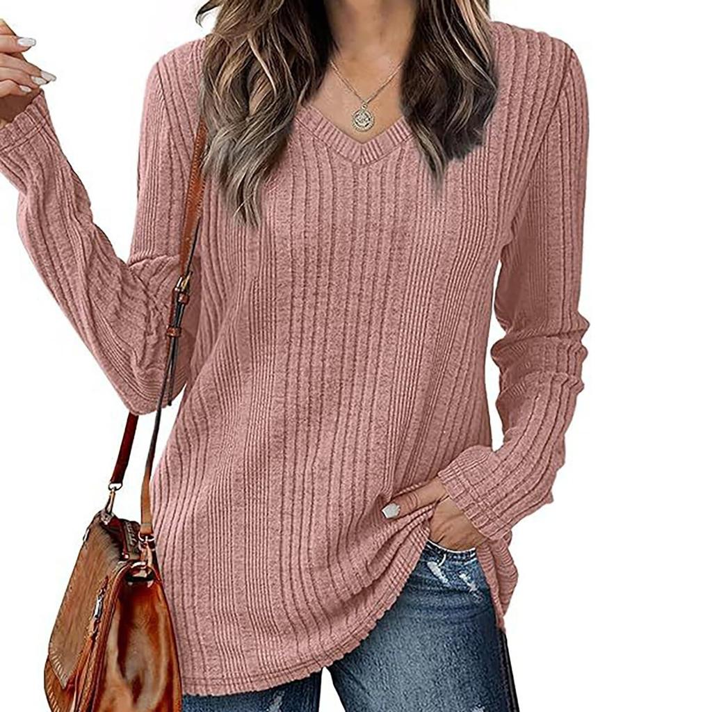 T-shirt décontracté à manches longues et col en V pour femme, couleur unie, haut confortable