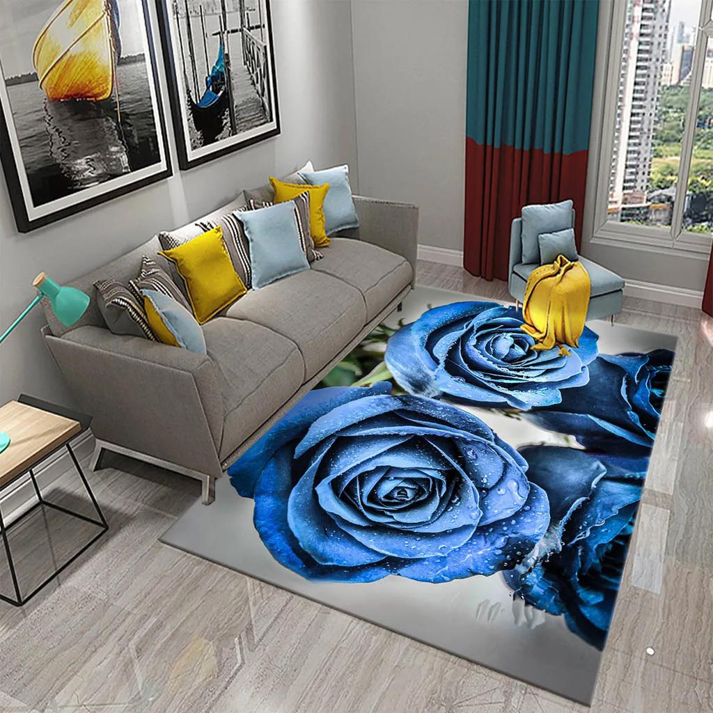 Blue Rose Rugs for Living Room Women Romantic Flower Carpet Soft Floor Mat Floral Rugs for Adults Bedroom Decorative Area Mats