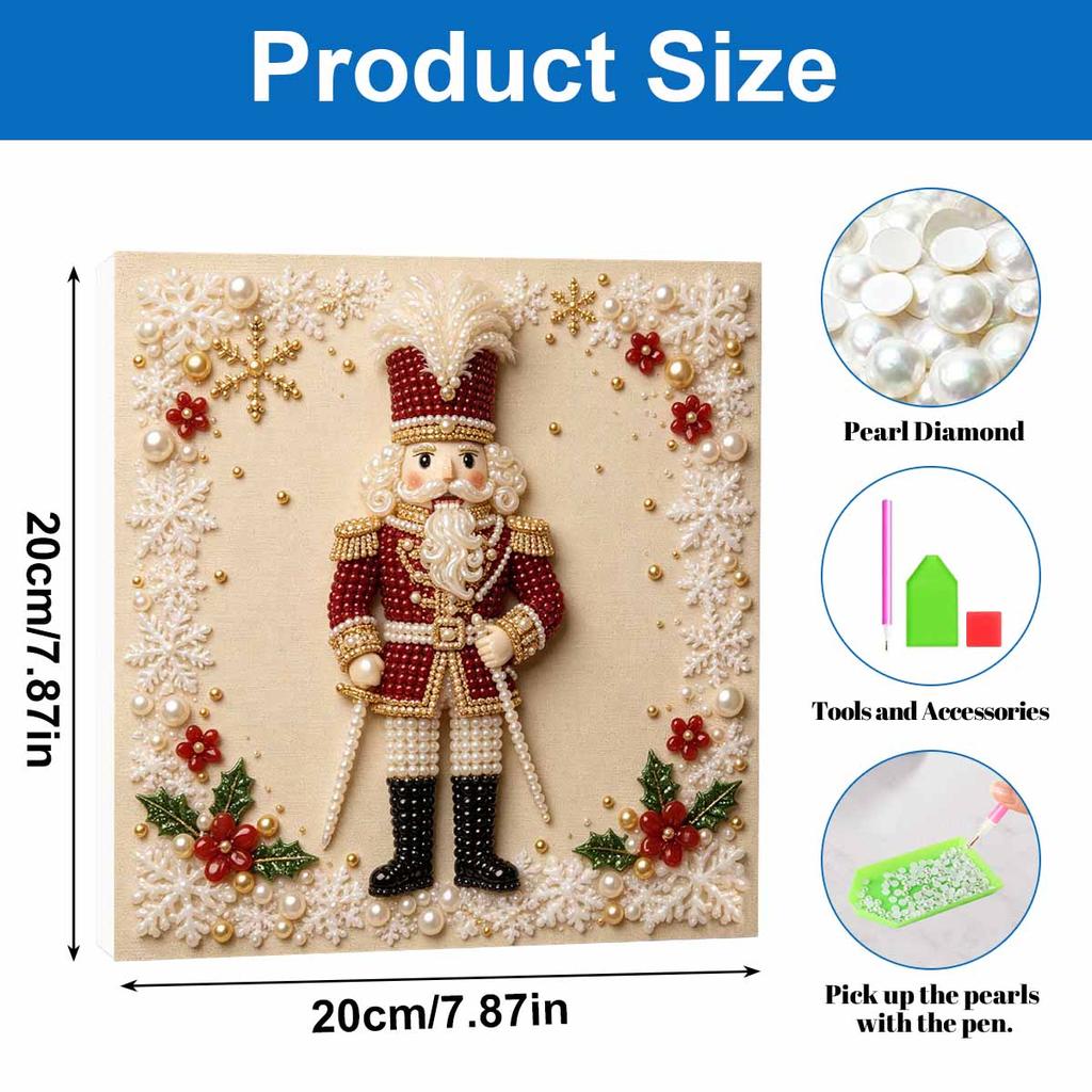 Handmade Framed Pearl Painting Set with Festive Nutcracker Design 5D Shiny Bead Art Canvas Creative Craft for Christmas Home Room Decor