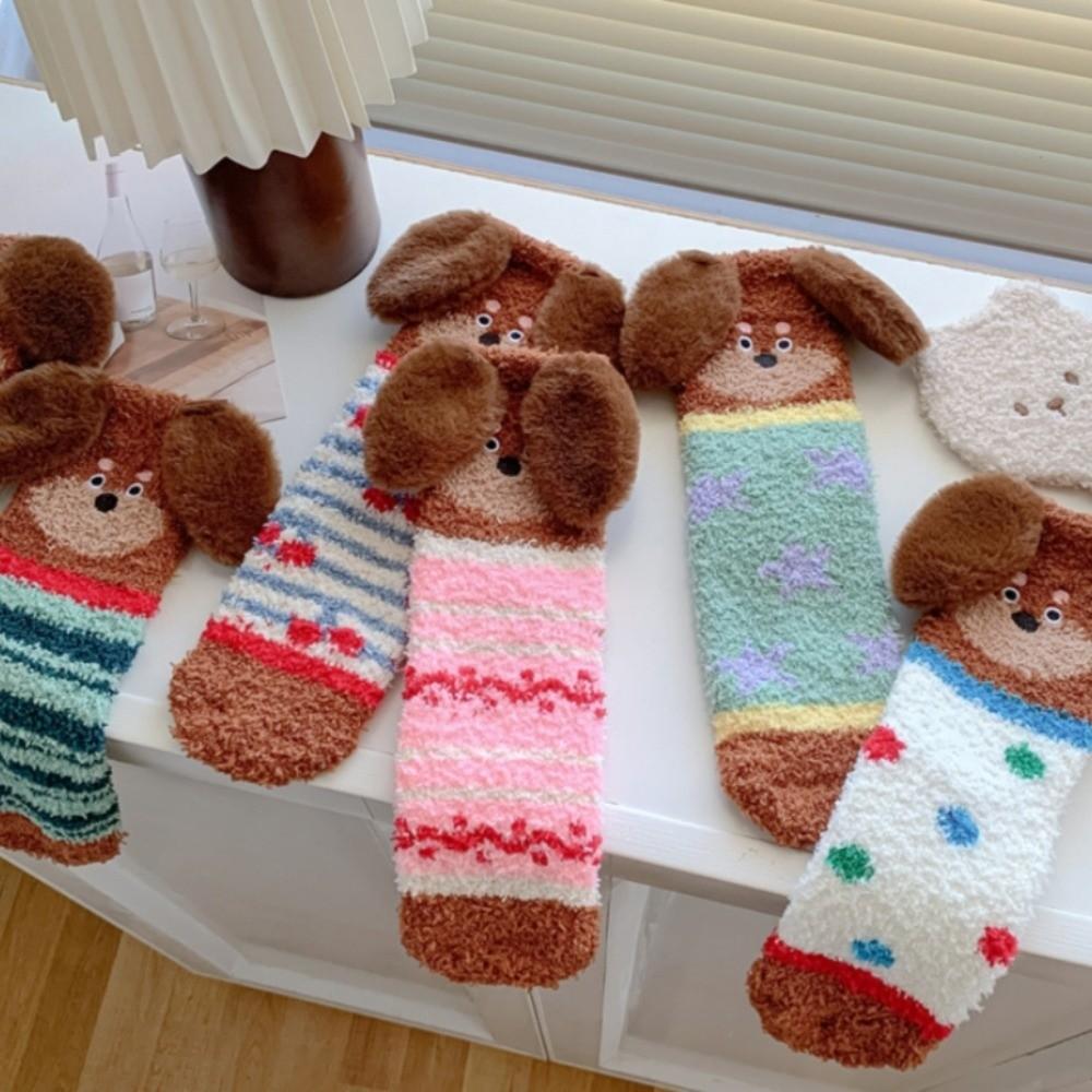 Plush Puppy Ears Coral Fleece Socks Stripe Sleeping Socks Sweet Floor Socks  Girls