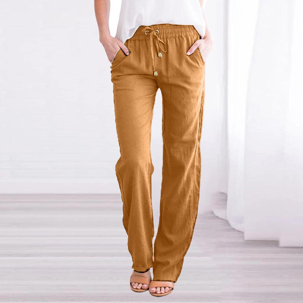 Women's Cotton Linen Drawstring Wide-Leg Pants - Solid Color, Spring/Summer Casual Collection