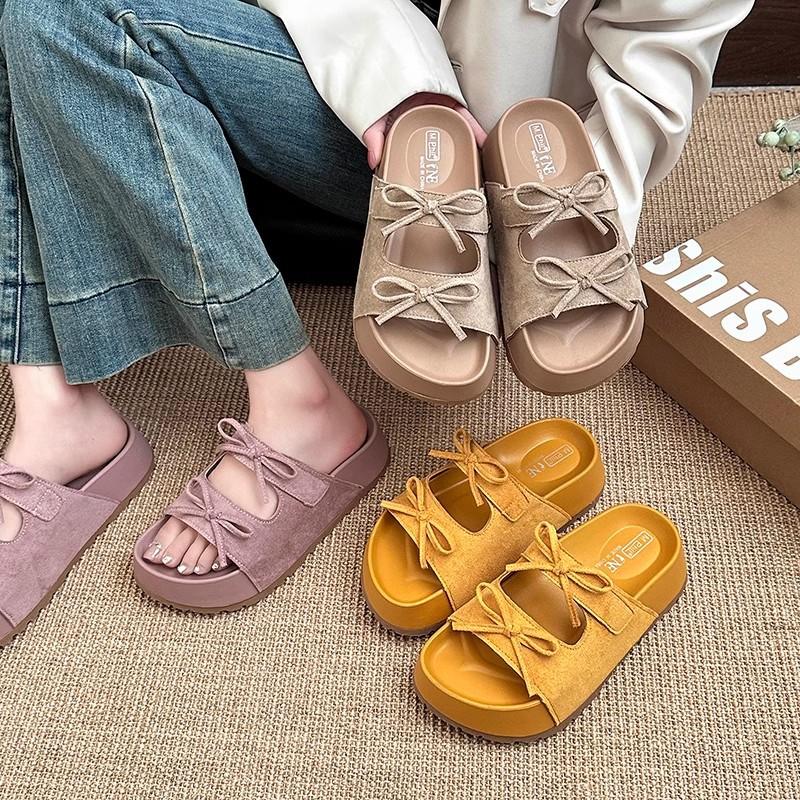 French evening breeze bow baotou one-and-a-half slippers 2025 new versatile soft bottom not tired feet Boken sandals