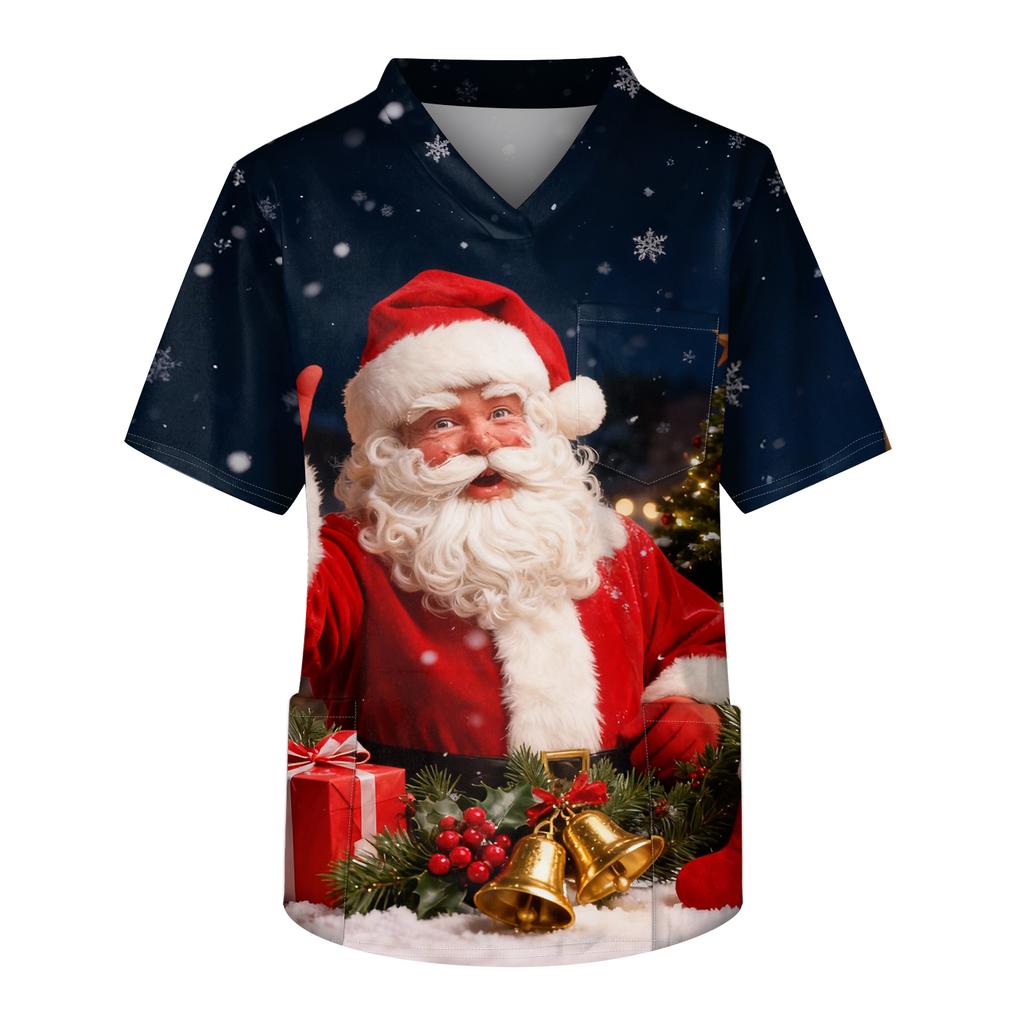 Herre Trykk Kortermet V-hals Arbeidsbluse Brystlomme Omsorgstopp