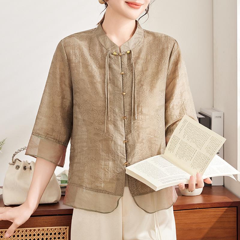 

Elegant Chiffon Seven-Sleeve Top for Middle-Aged Women 2XL верблюд