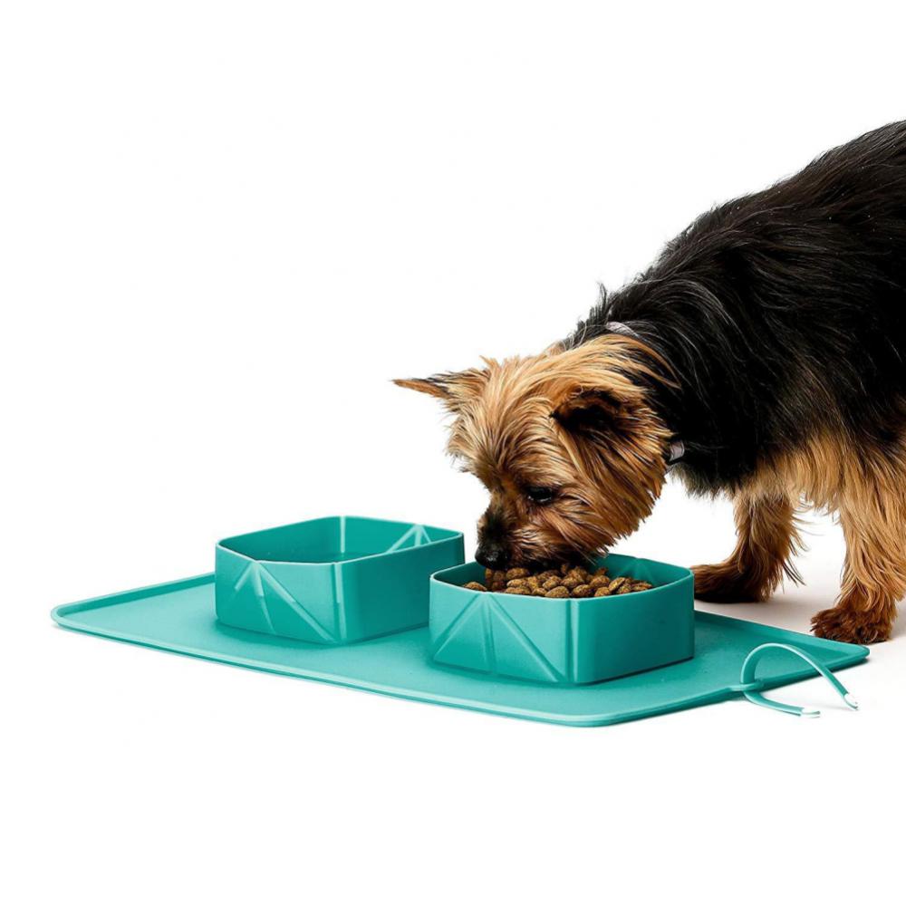 Pet Bowl 600ml Cat Dog Pet Bowl Folding Silicone Double Bowl Flannel Bag Dog Bowl Outdoor Puppy Food Container Portable Pet Bowl