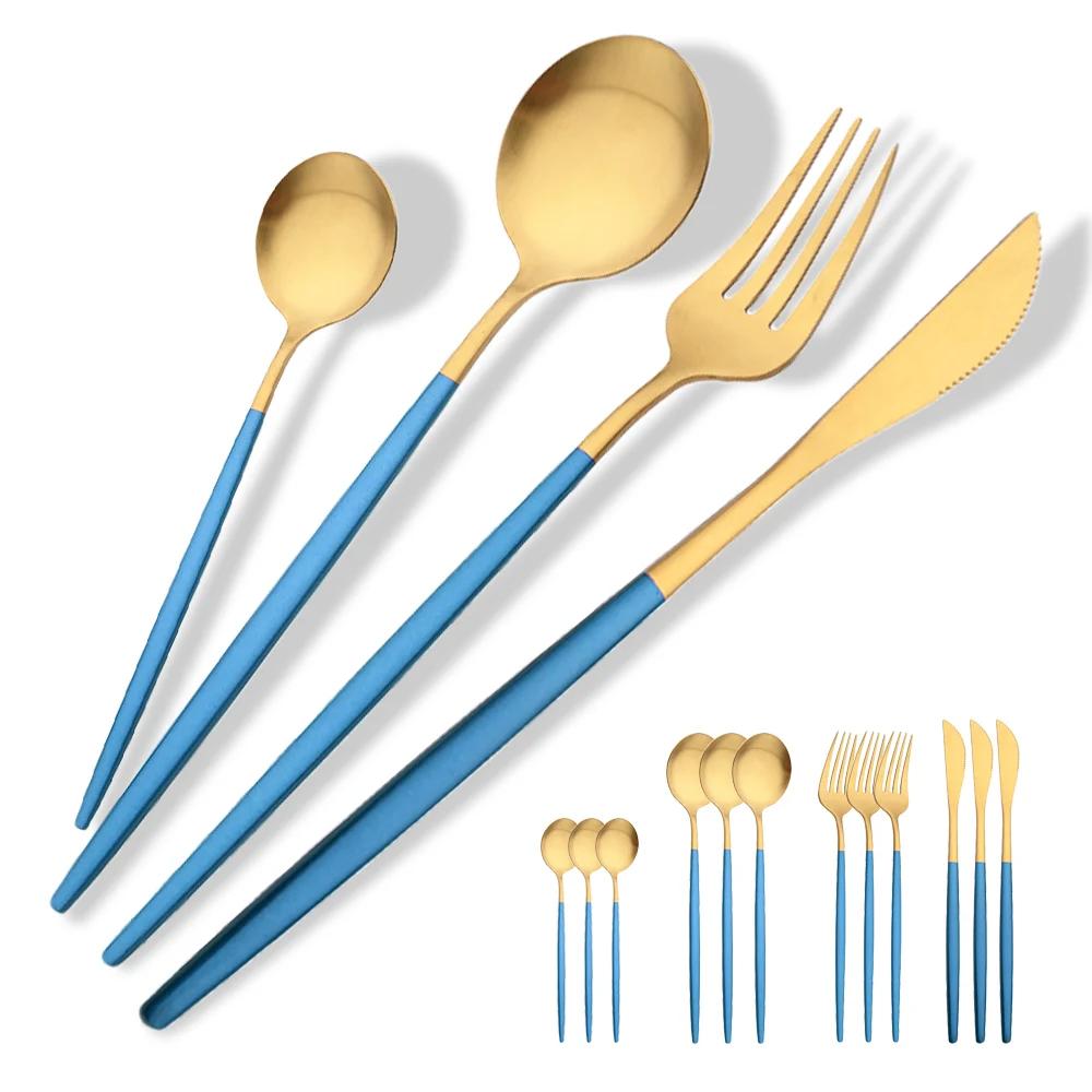 Set 16 Bucăți Veselă Set Tacâmuri Roșu Auriu Set Tacâmuri Furculiță Cuțit Linguriță Cină Argintărie Bucătărie Set Tacâmuri