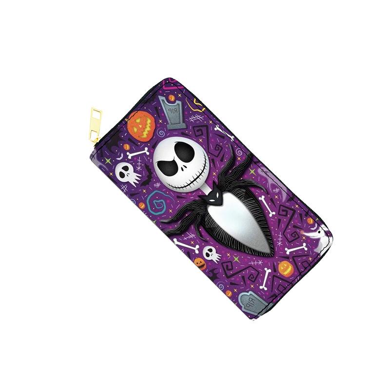 Portefeuille Long PU Nightmare Before Christmas pour Femmes Portefeuille à Fermeture Éclair Sac à Maquillage Impression Jack Skellington Noir 3 pièces