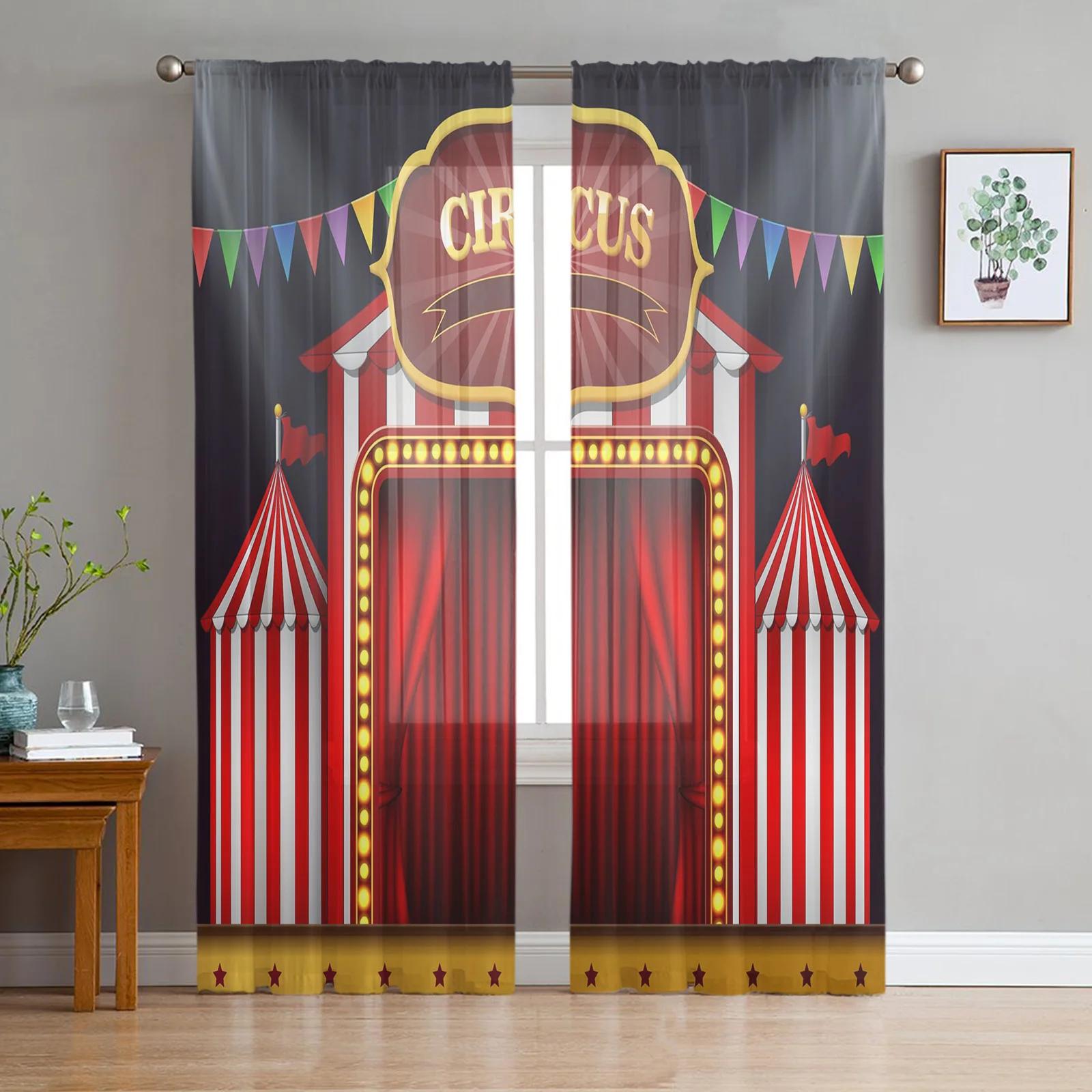

Acrobatic Field Circus Star Retro Style Tulle Curtains Living Room Decoration Chiffon Voile Kitchen Bedroom Curtain Light Filtering For Area Polyester W100*H130(CM)-Rod Pocket&2PCS