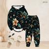 Women Plus Size Two Piece Set Long Sleeve Hooded Top Cuffed Pants Floral Printed Casual Outfit