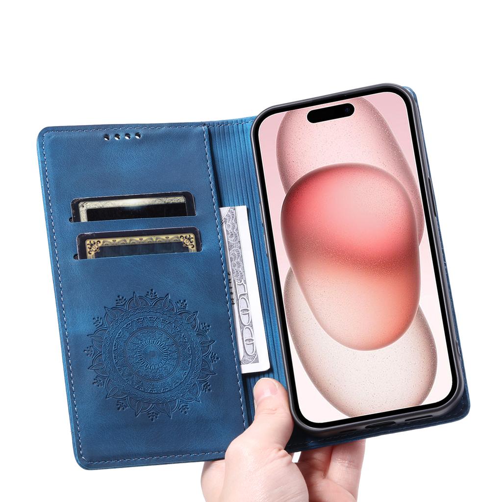 Style-010 For iPhone 16 Plus Case Imprinted Leather Phone Cover Magnetic Auto Closing