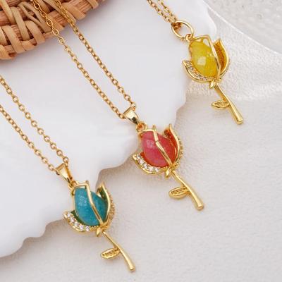 Elegant Colorful Crystal Zircon Tulip Flower Pendant Necklaces for Women Girls Gold Color Stainless Steel Chain Flower Jewelry