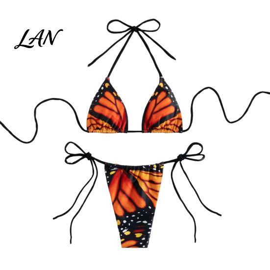 Two Piece Swimsuit Women Butterfly Print Bikini Set, Halter Tie Top & Side Thong, Beachwear Triangle Swimsuit, Sexy Beach Bathing Suit for Summer S
