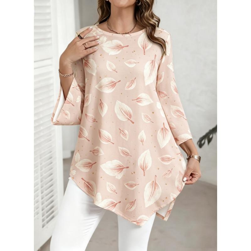 Plus Size Women Round Neck Split Flare 3/4 Sleeve Tunic Top, Light Green All Over Leaf Print Irregular Asymmetrical Hem Loose Blouse