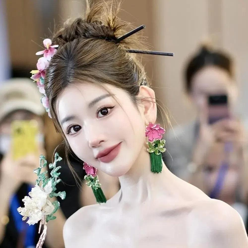 Tassel Flower Drop Earrings Rhinestone Sweet  Earrings Trendy Bohemian Earrings Women  Gift