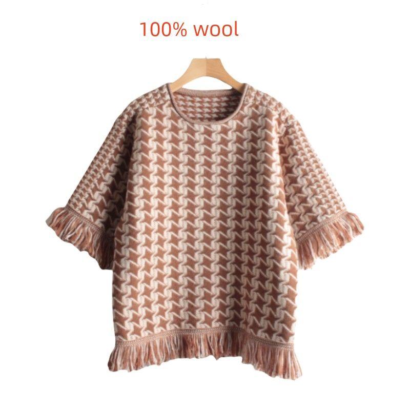 

Niunijia Autumn and Winter New Houndstooth Western Style Wide round Neck Tassel Fleece Thick Pullover Sweater 286 Color matching 38/M