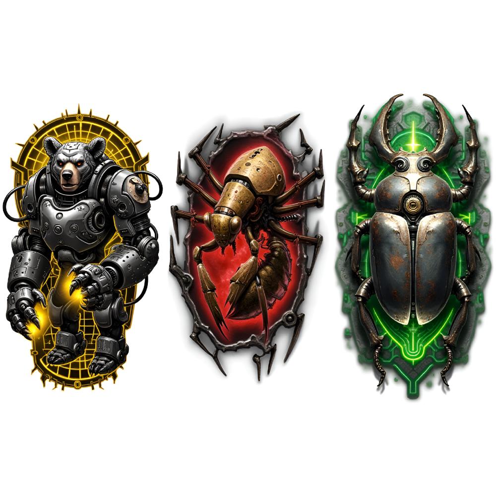 3pcs Temporary Tattoo Colorful Realism Metal Insect Robot Gorilla Cybernetic Arachnid For Adults Arms Thighs