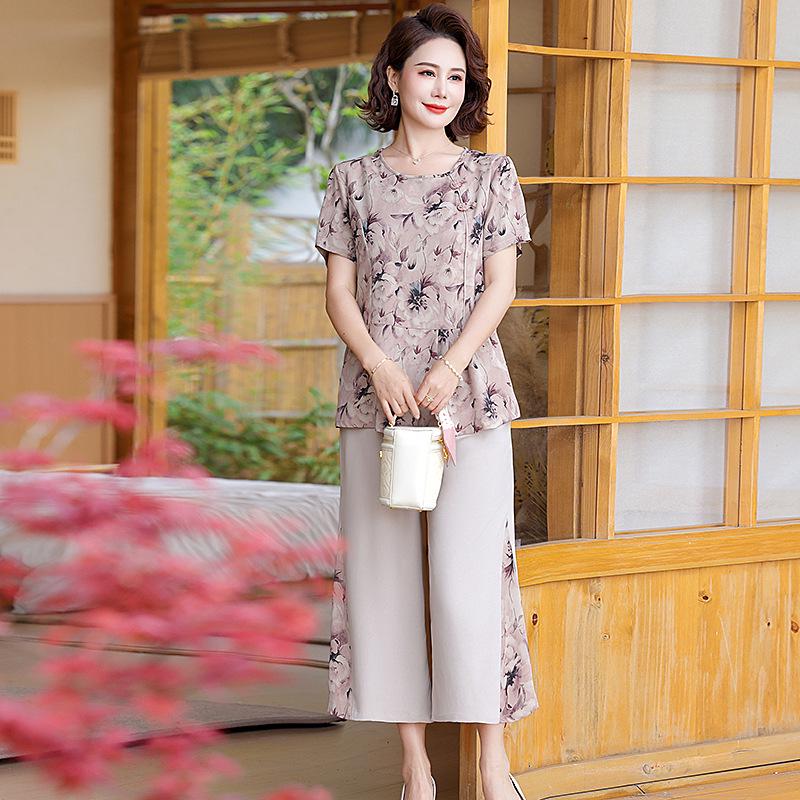 2025 Summer Chinese Style Top & Chiffon Short Sleeve Two-Piece Set for Middle-Aged Women