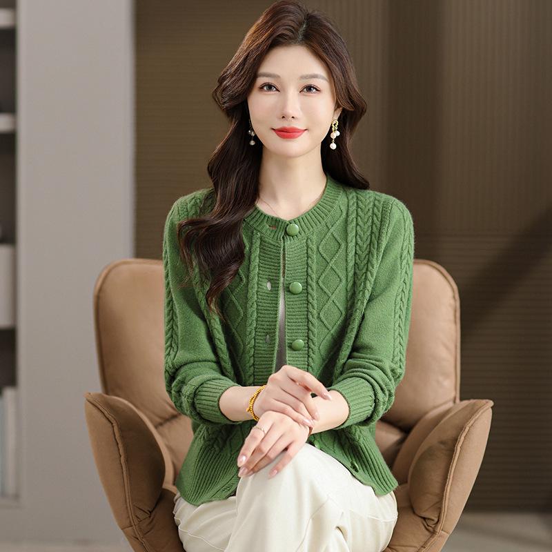 Damski dzianinowy kardigan z rombami i warkoczem – Wiosna/Jesień, Okrągły dekolt, Jednolity kolor, Luźny krój, Długi rękaw, Sweter płaszcz.