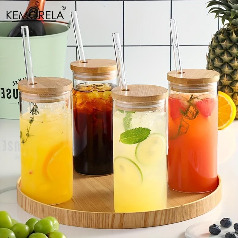 4 Set 600ML Drinking Glasses with Bamboo Lids and Straws Borosilicate Glass Tumbler Cups Tall Clear Iced Coffee Cups