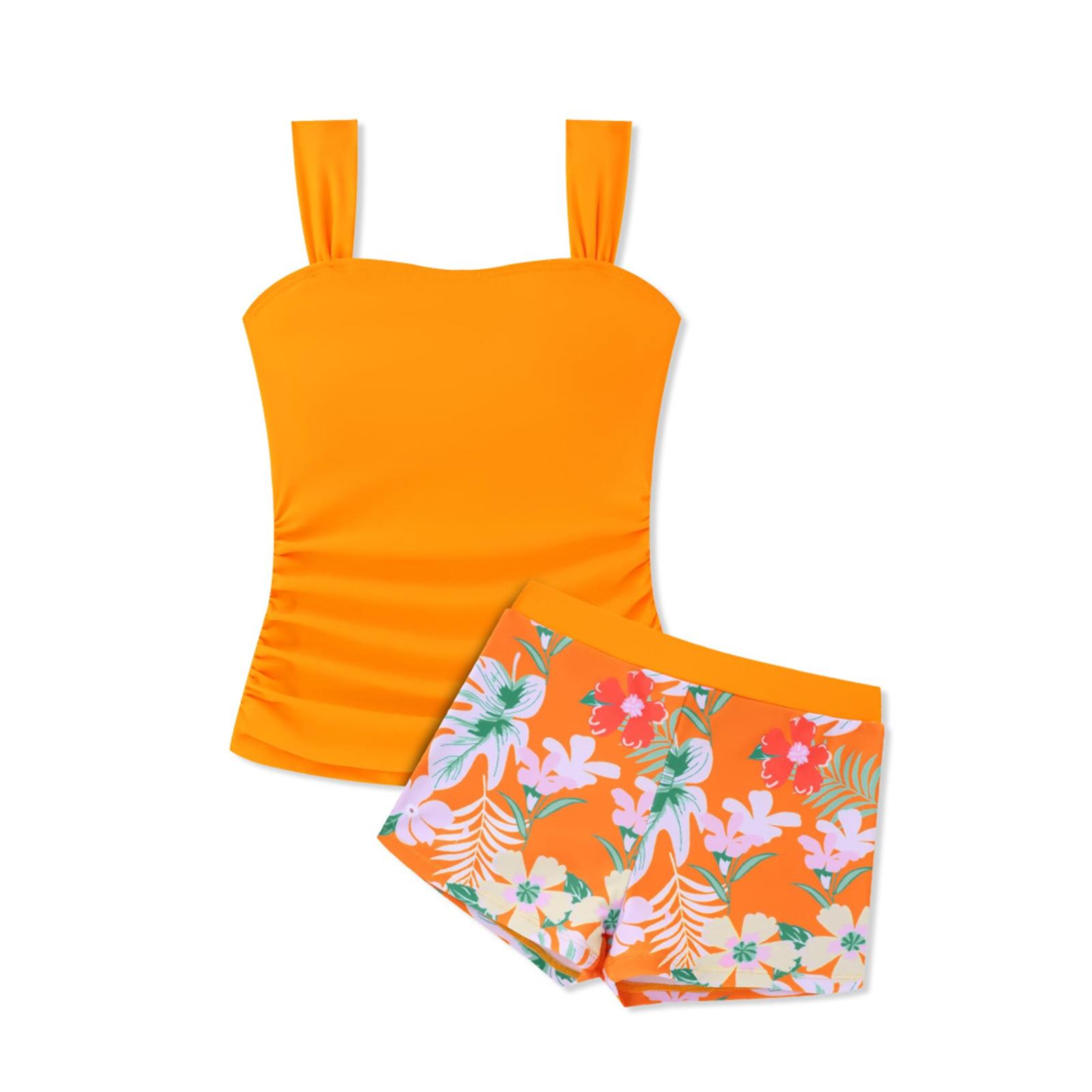 Fabul11ous Meisjes Tweedelig Zwempak Tankini Top met Verstelbare Bandjes en Bloemenprint Zwembroekjes Lichtgewicht Sneldrogend Strandkleding Set 110 oranje