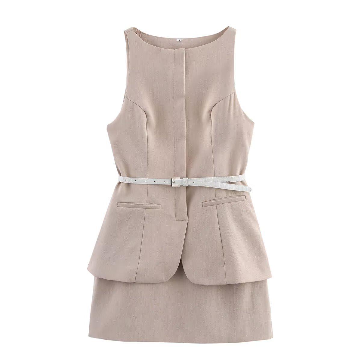 

Women s Summer 2025 Fashion: European & American Style Sleeveless Dress with Belt - Two-Piece Set Medium