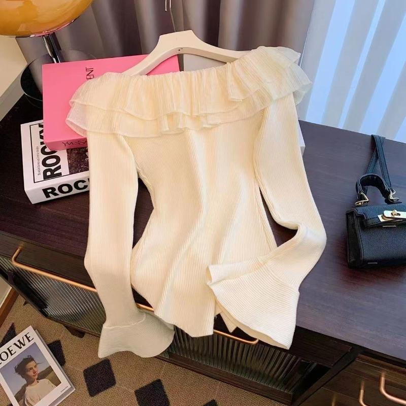 Double Ruffle Edge Flared Sleeve Knitted Sweater Women's Spring One-word Shoulder Halter Top Tight Elastic Split-ended Sweater
