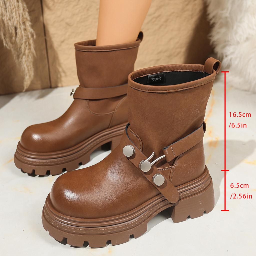 2025 Autumn and Winter Retro Thick-soled Thick-heeled Versatile Belt Buckle Martin Boots Women's Short Boots Flanged Casual Tooling Locomotive Tide