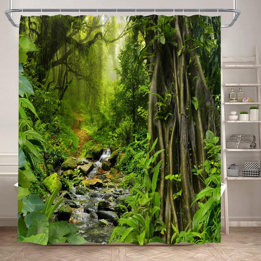 Forest Landscape Shower Curtains Tropical Jungle Palm Plants Waterfall Nature Scenery Fabric Bathroom Curtain Decor With Hooks