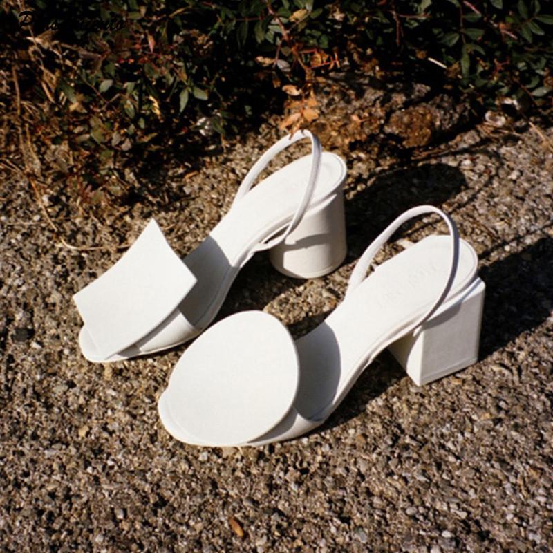 Fashion Fashion Asymmetrical Geometric Decor Women Sandals Summer Comfortable Thick High heels White Leather Slingbacks Female Shoes