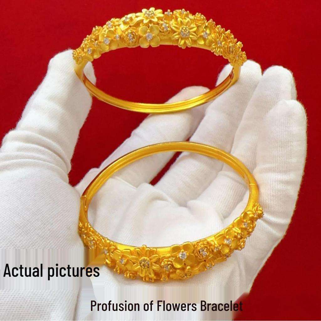 Gold Floral Bracelet & Necklace Set - Luxurious Chinese Classic Style for Women