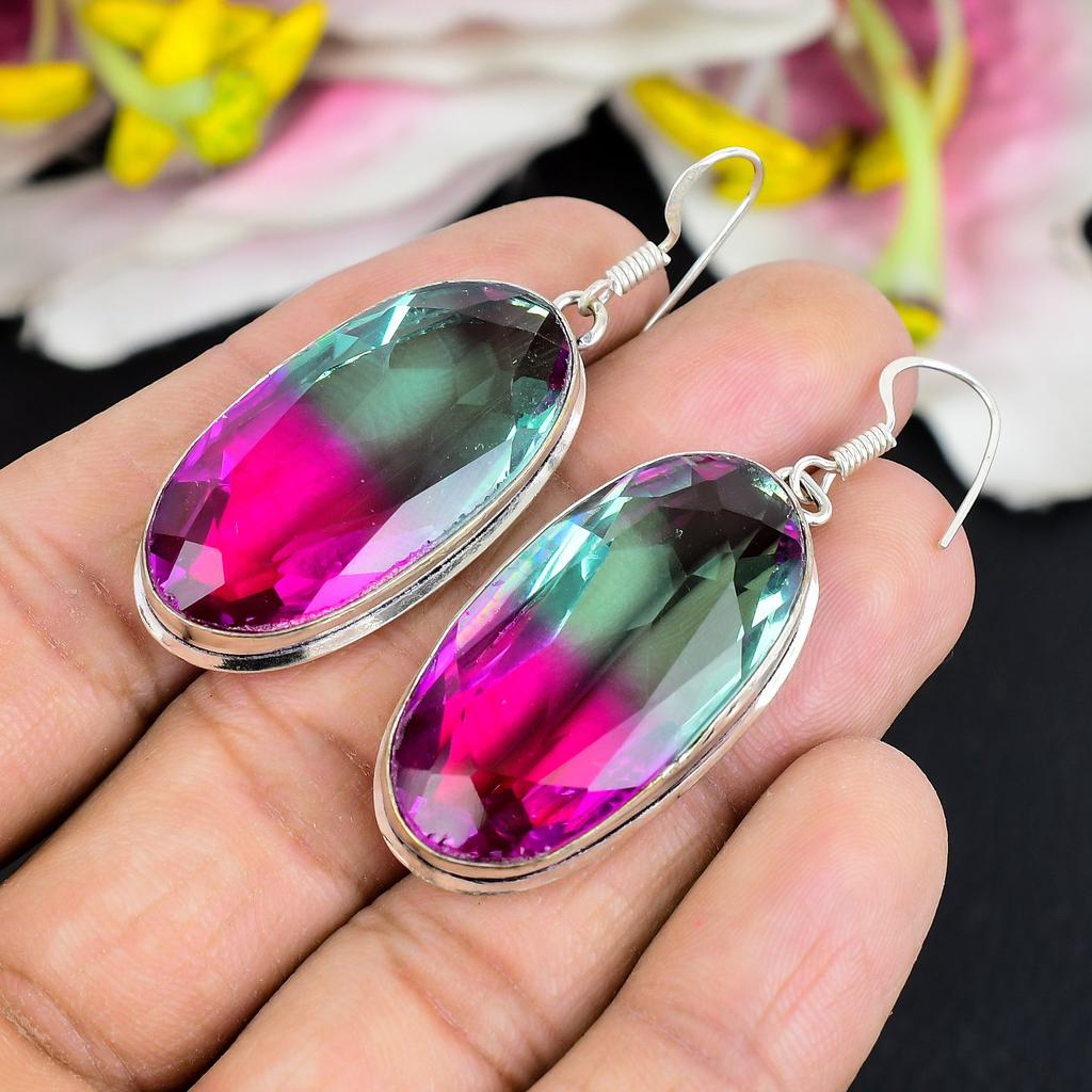 Bi-Color Tourmaline Gemstone 925 Sterling Silver Jewelry Earring 2.17" KG-1745