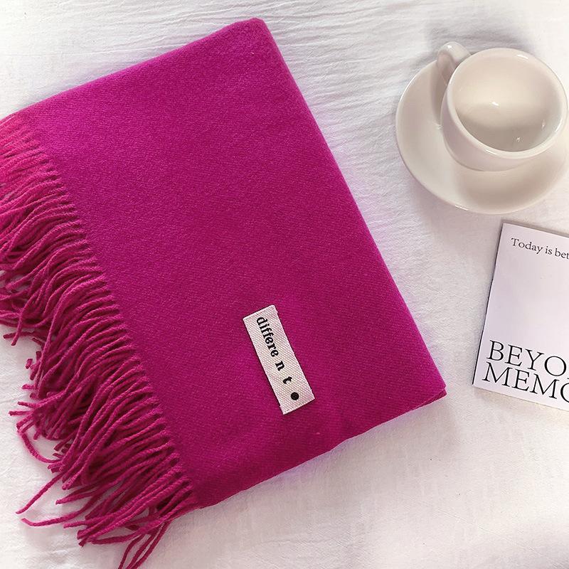 Flowing Fringe, Color-blocked, Simple Design, Faux Cashmere-like Scarf, Winter-thick, Cape-style, Student-friendly, Solid Color.