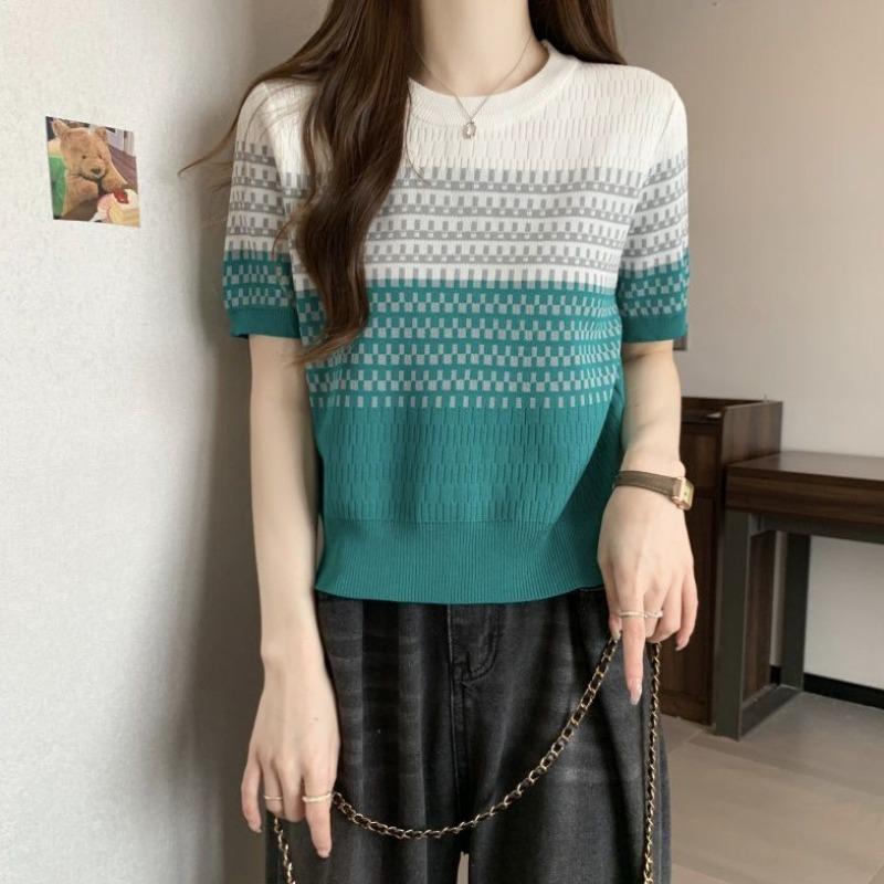 Women's Striped Color Block Knit T-Shirt, Short Sleeve Crew Neck Casual Knitwear Top