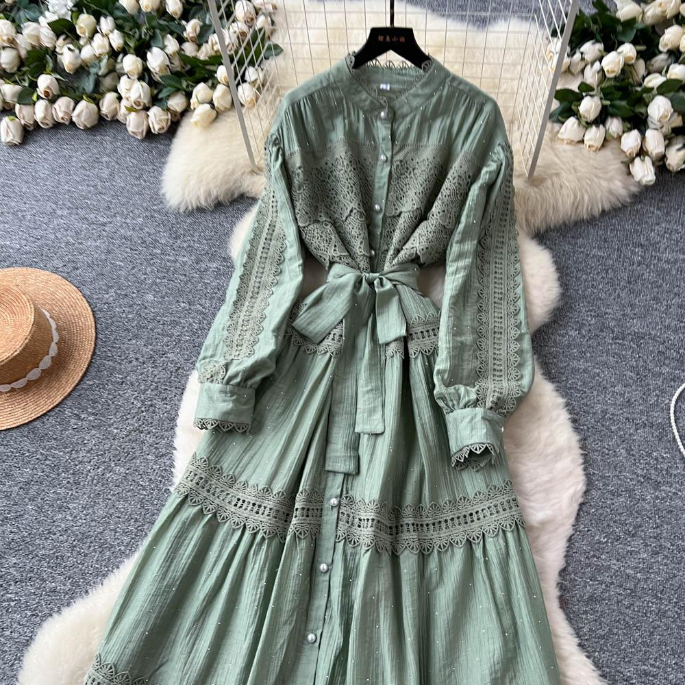 Sexy Vintage Lace Lace Up Glitter A Line Long Sleeve Beach Dress Chic Summer Vacation Vestidos for Women