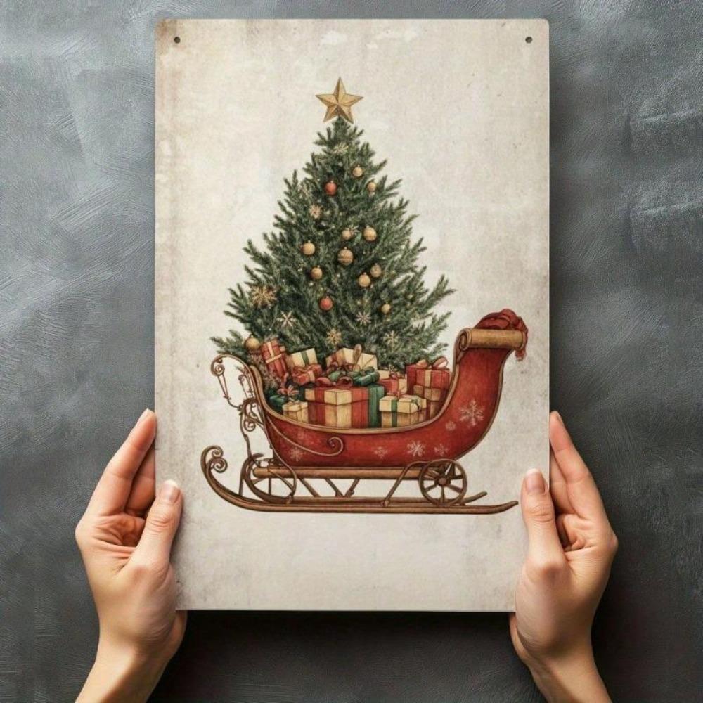 Vintage Santa Sleigh Metal Tin Sign 12x8 Inch Christmas Wall Art Home Decor