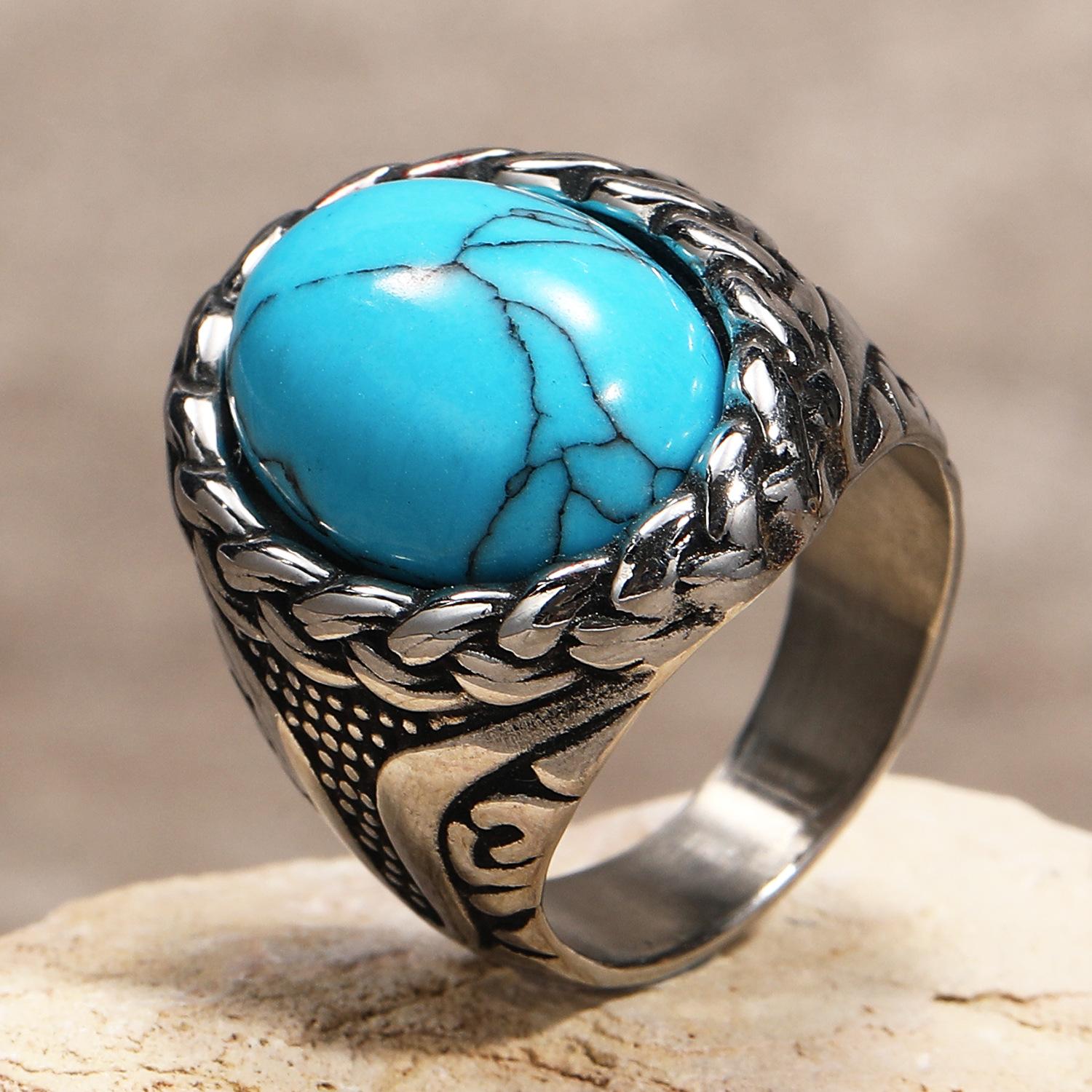 

Модное мужское титановое стальное кольцо с разноцветными овальными драгоценными камнями, плетеная текстура, нержавеющая сталь, широкая полоса, готические панк-ювелирные изделия для мужчин No. 10