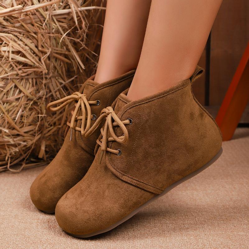 Herbst Neue Flache Baumwollstiefel Damen Runde Zehen Wildleder Schnürung Wollig Warm Rutschfest Verschleißfest Stiefeletten