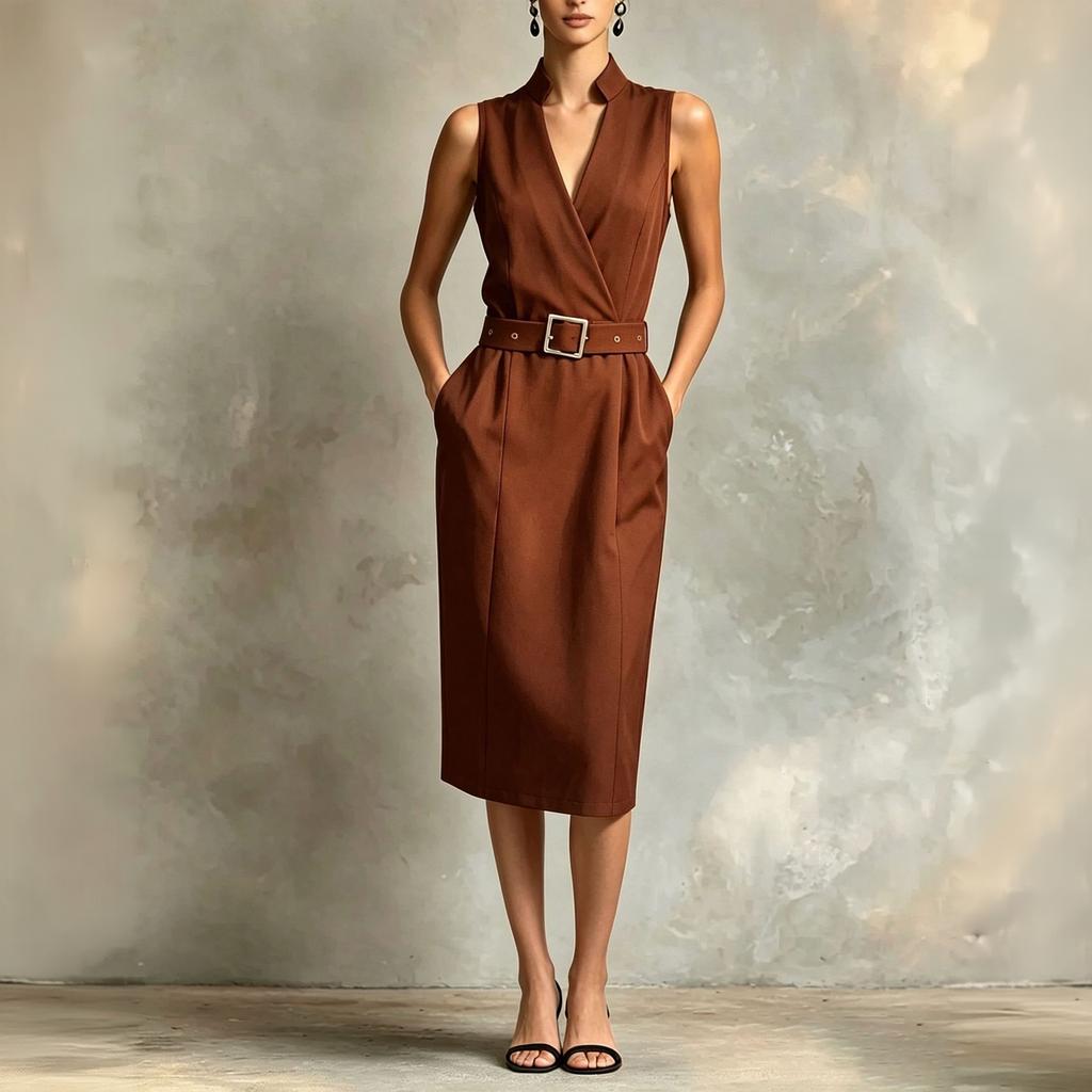 Women's Sleeveless Dress with Pockets and Belt, Casual Summer Outfit