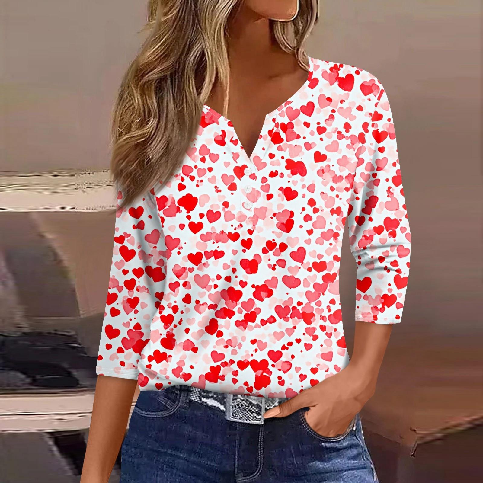 

Женская футболка с принтом ко Дню святого Валентина, на пуговицах, рукав 3/4, туника, повседневная мода на выходные, базовый топ с V-образным вырезом XL киноварь
