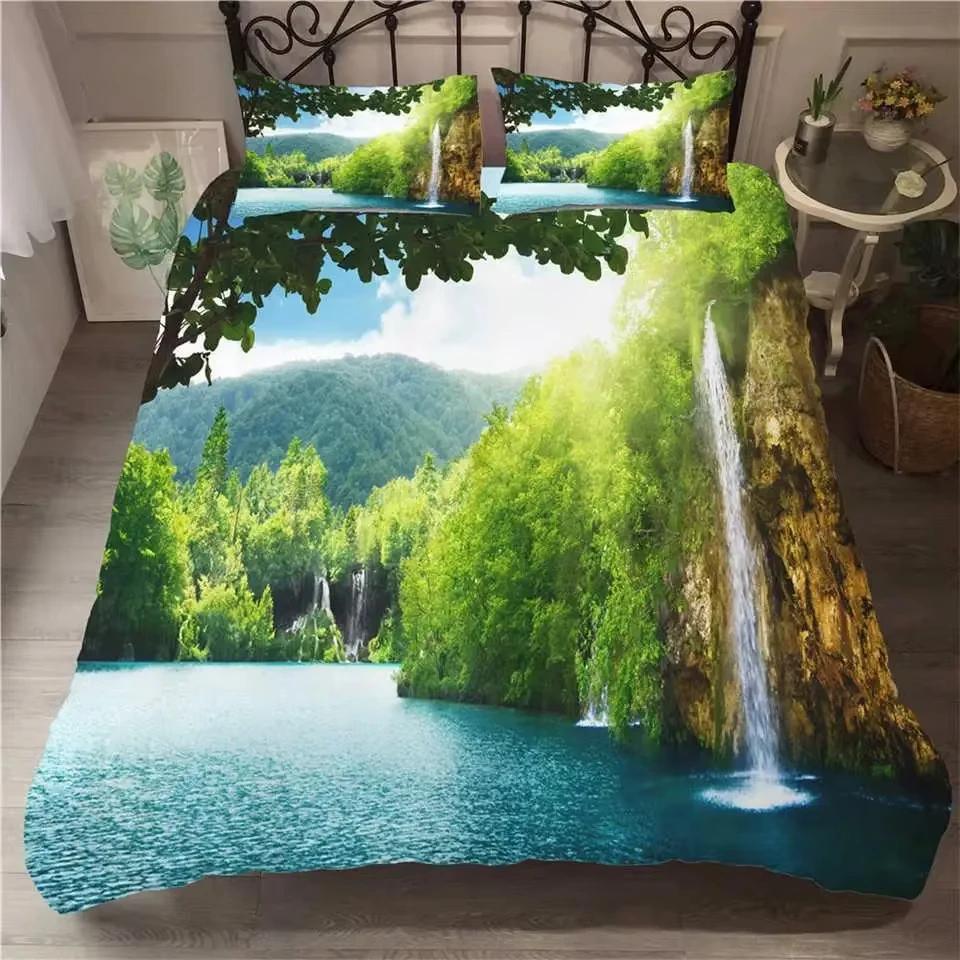 Landscape Painting Waterfall Duvet Cover Queen Size Double Bed Natural Scenery Quilt Cover Forest Waterfall Bedding 3-Piece Set EU Single(135*200cm)3pcs