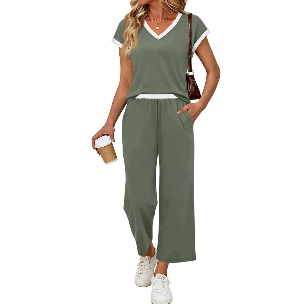 Women Two Piece Set Casual Outfits V Neck Short Sleeve Top Elastic Waist Pants Lounge Wear Set for Travel Relaxed Fit