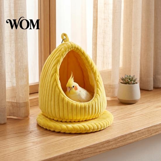 Pet Bird Resting Hut Hanging Parrot Nest Bed, Winter Striped Plush Water Drop Shape Cold Weather Cozy Cave Bed with Removable Cushion, Cage